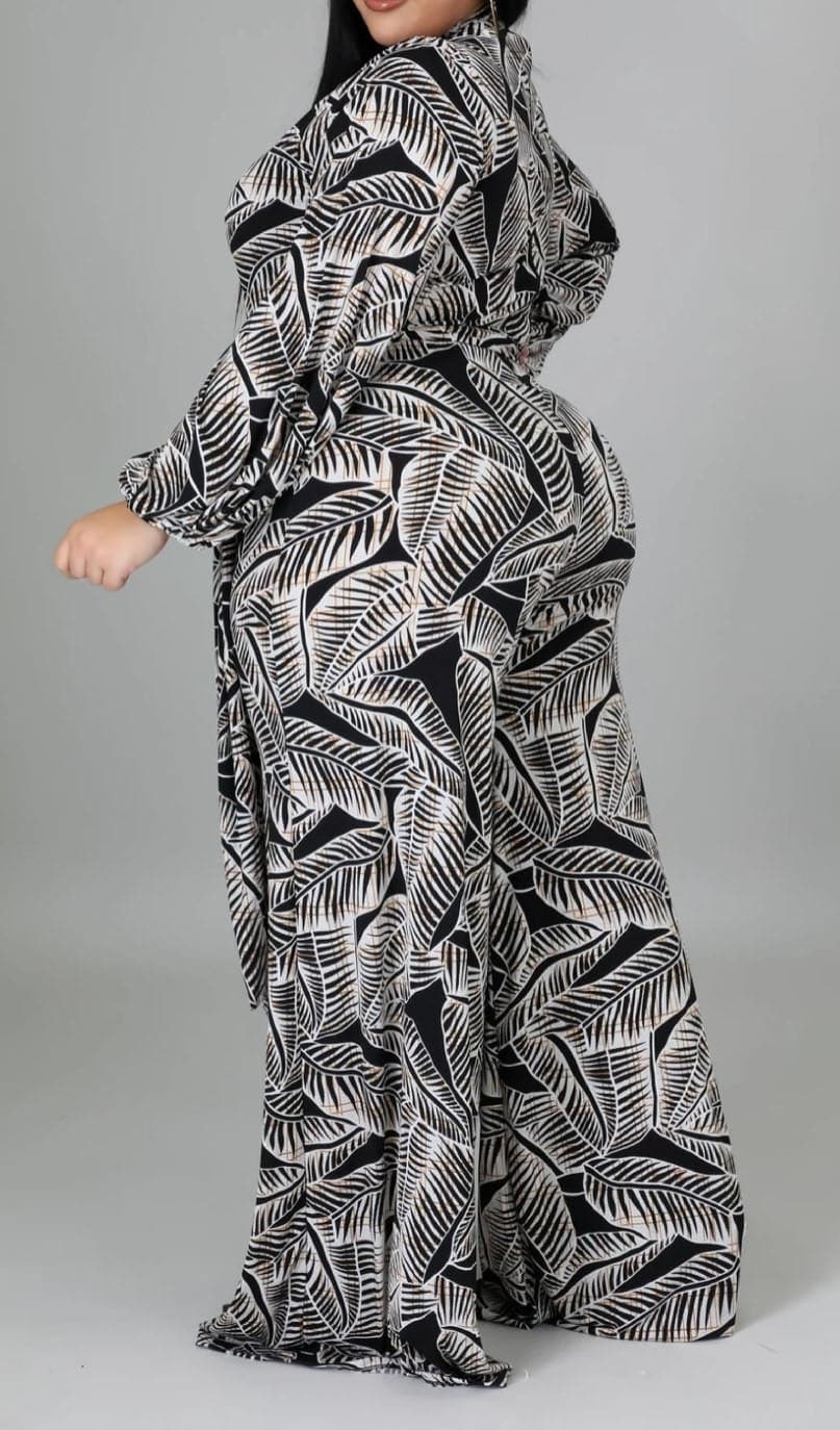 Leaf Print Wide Leg Jumpsuit with Sash (Curvy) - SASHAY COUTURE BOUTIQUE Jumpsuits & Rompers