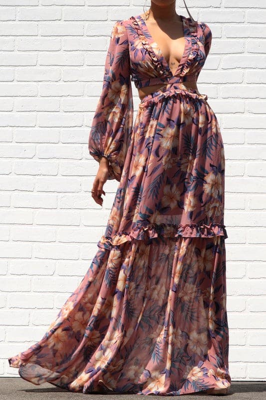 LACE UP WOVEN PUFF SLEEVES FLORAL MAXI DRESS - SASHAY COUTURE BOUTIQUE Dresses