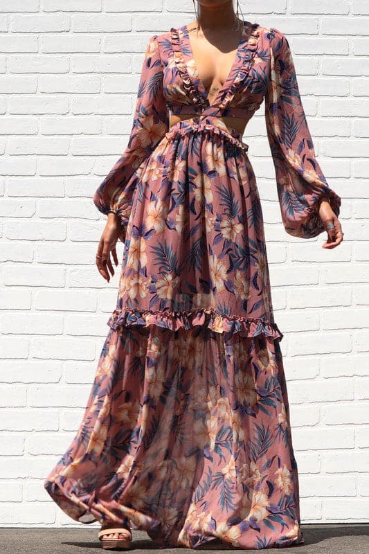 LACE UP WOVEN PUFF SLEEVES FLORAL MAXI DRESS - SASHAY COUTURE BOUTIQUE Dresses