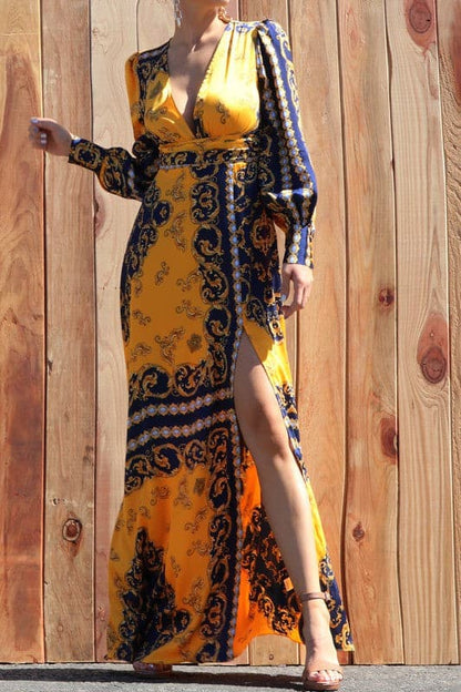 Printed V Neck Satin Puff Sleeve Maxi Dress - SASHAY COUTURE BOUTIQUE Dresses