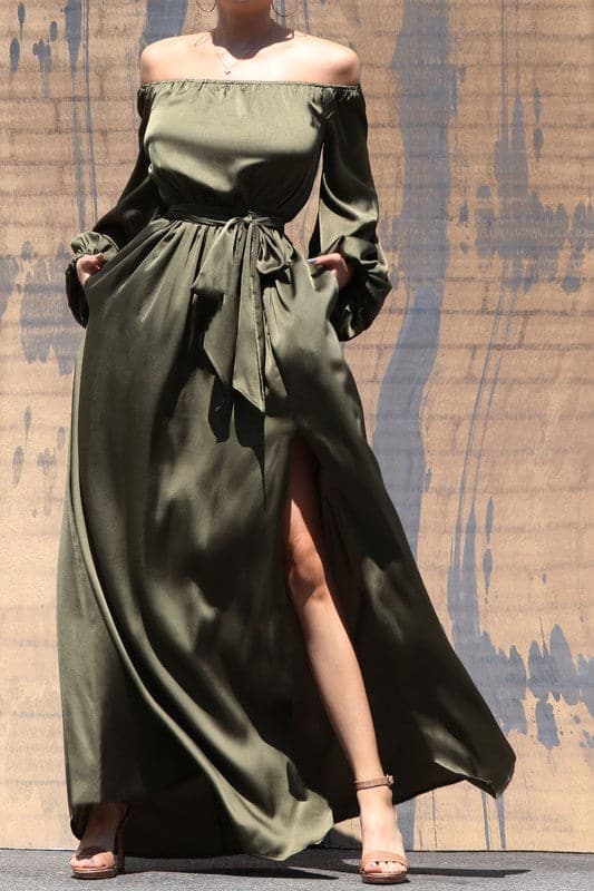 Off the Shoulder Olive Maxi Dress - SASHAY COUTURE BOUTIQUE Dresses