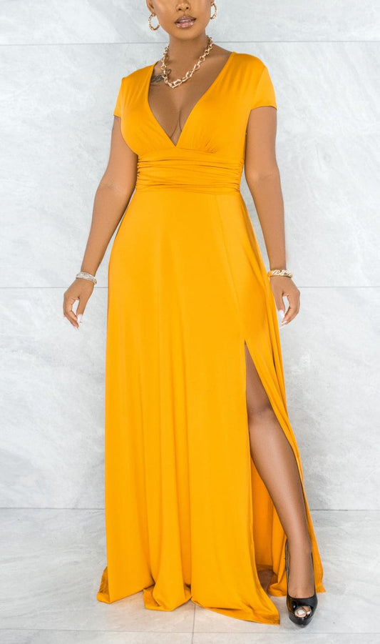 Maxi Slit Dress with Draped Waistband - SASHAY COUTURE BOUTIQUE Dresses
