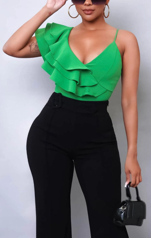 Spaghetti Strap and Ruffled Side Bodysuit - SASHAY COUTURE BOUTIQUE Tops