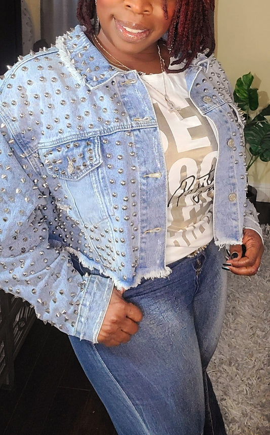 Studded Cropped Denim Jacket (Curvy/PLUS SIZE ONLY) - SASHAY COUTURE BOUTIQUE Coats & Jackets